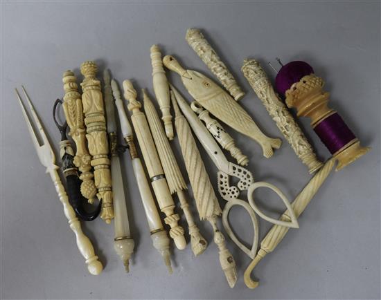 A Collection of carved ivory pin cases, stanhopes etc